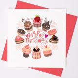 Quilled Greeting Card Happy Birthday Pink Cakes and Cupcakes 15x15cm