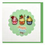 Quilled Greeting Card Happy Birthday Trio of Cupcakes Green 15x15cm