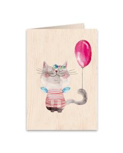 Wooden Greeting Card 11x16cm - Pussycat and the Balloon