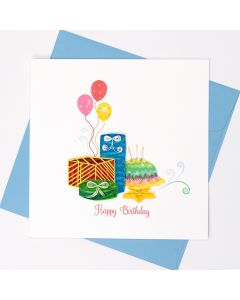 Quilled Greeting Card Happy Birthday Presents and Balloons 15x15cm