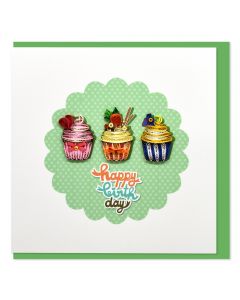 Quilled Greeting Card Happy Birthday Trio of Cupcakes Green 15x15cm