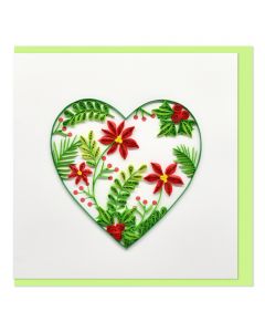 Quilled Greeting Card Heart - Green with Red Flowers 15x15cm