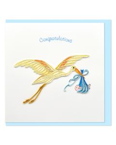 Quilled Greeting Card Congratulations Stork and Baby Blue 15x15cm